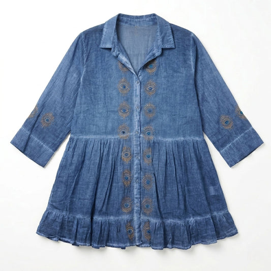 Nomad Sari On the Med Collection - Tunic Dress - Dusky Blue with Evil Eye Block Print (M-L)