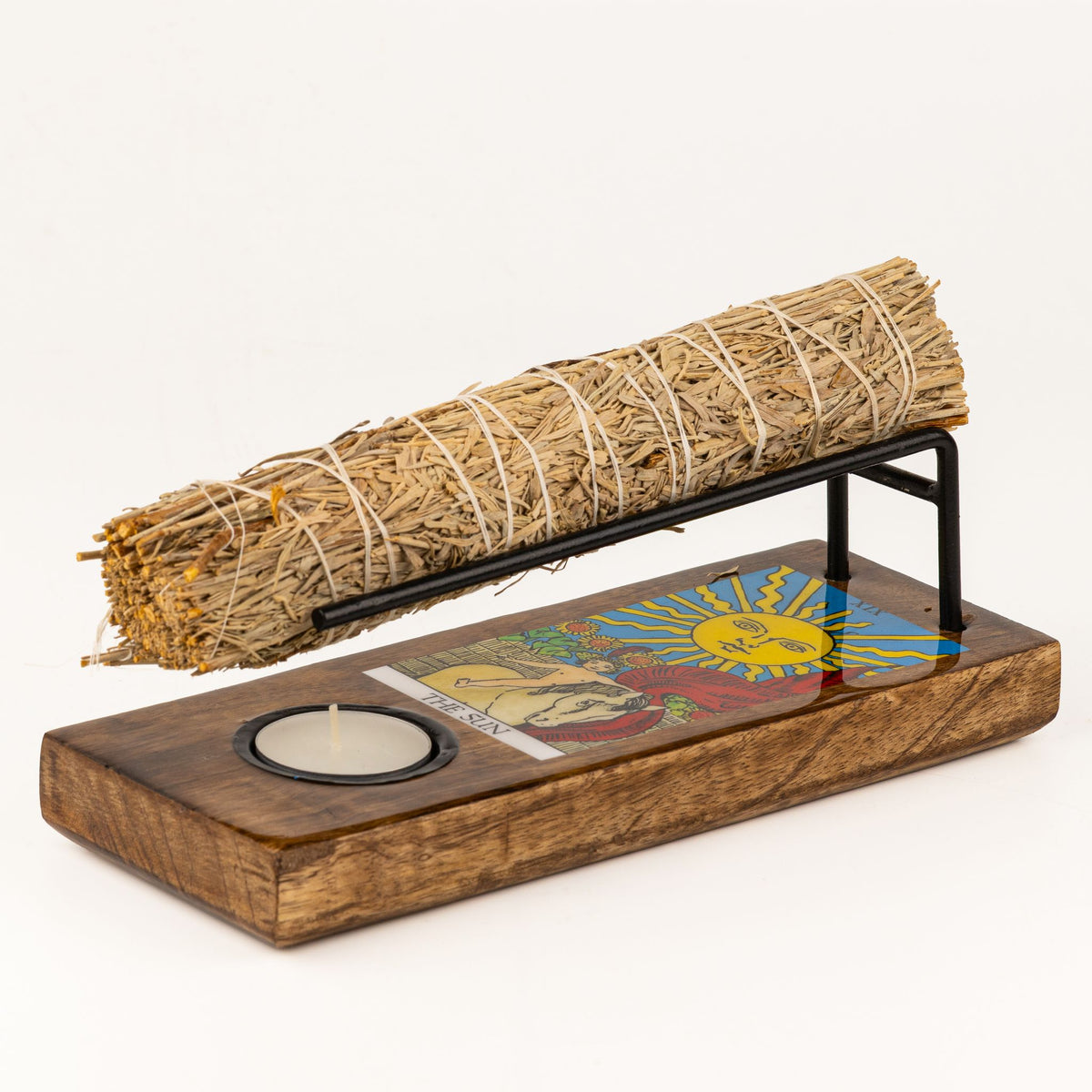 Large enamelled sage stick heater featuring The Sun tarot design for warming sage bundles during spiritual and cleansing rituals UK