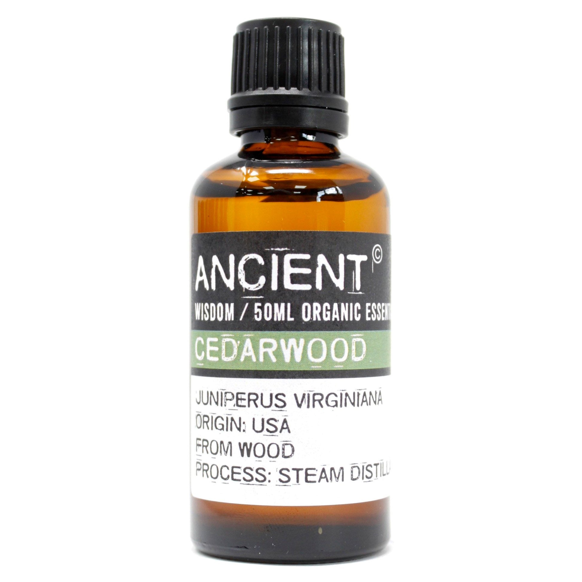 Organic Cedarwood Essential Oil 50ml with rich woody earthy aroma for aromatherapy and home fragrance.