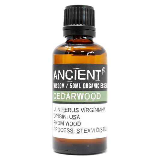 Organic Cedarwood Essential Oil 50ml with rich woody earthy aroma for aromatherapy and home fragrance.