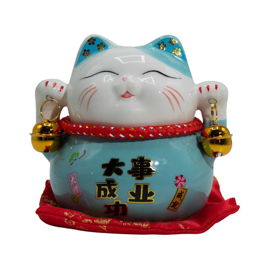 Ceramic money cat bank blue on cushion Maneki Neko for harmony and financial success