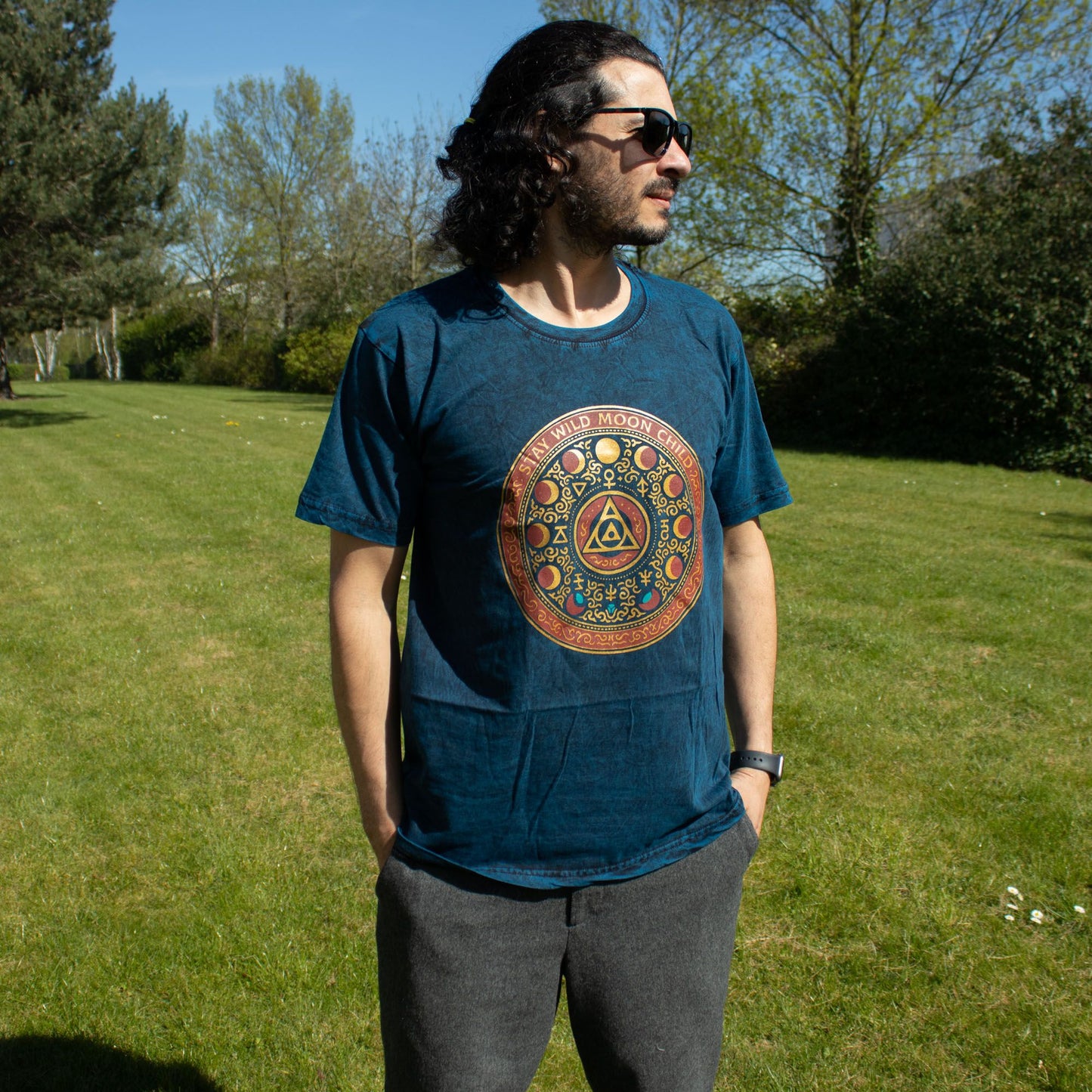 Nomad Sari Stonewashed Cotton T-Shirt - Stay Wild Moon Child - Blue - Small