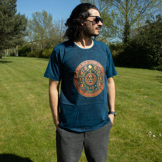 Small Nomad Sari Stonewashed Cotton T-Shirt in blue with Stay Wild Moon Child celestial and moon-phase design on soft double stonewashed cotton.