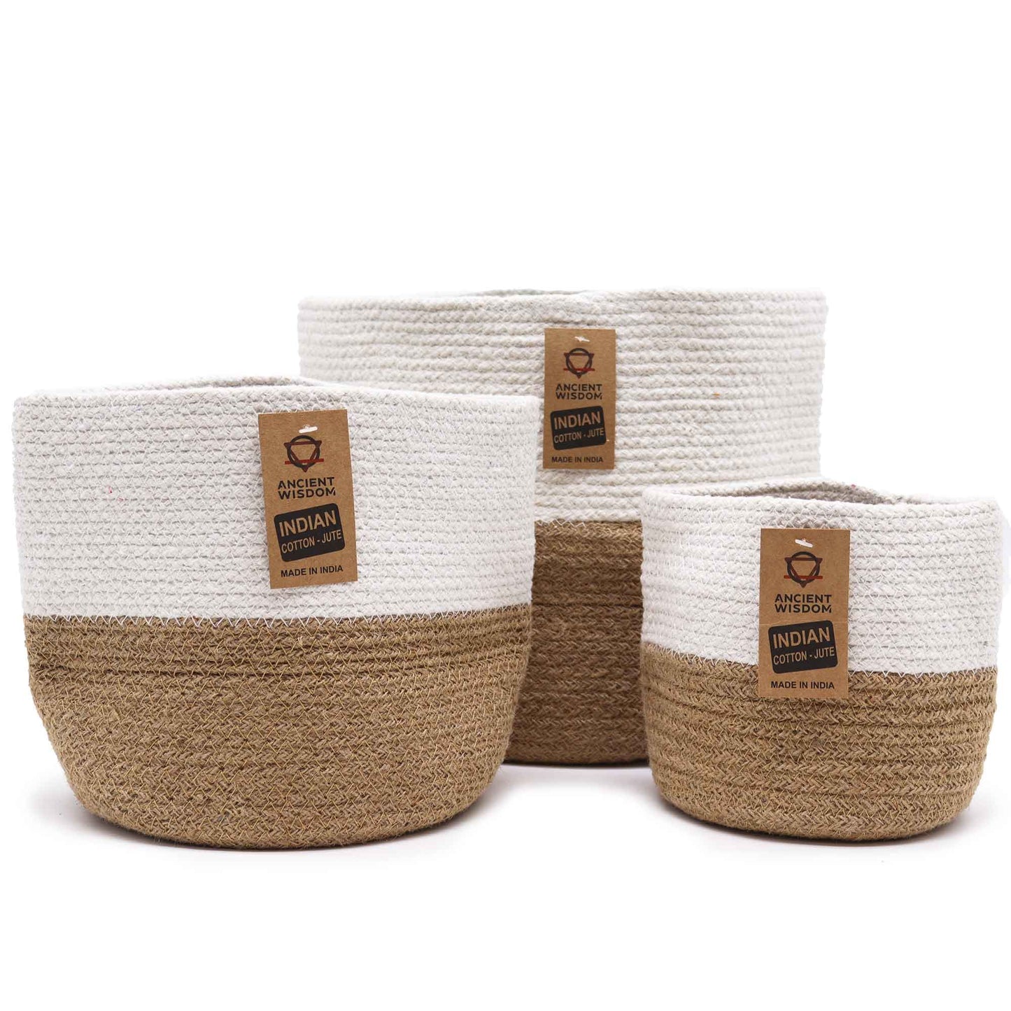 Set of 3 white cotton rope storage baskets – woven boho home organiser for everyday storage
