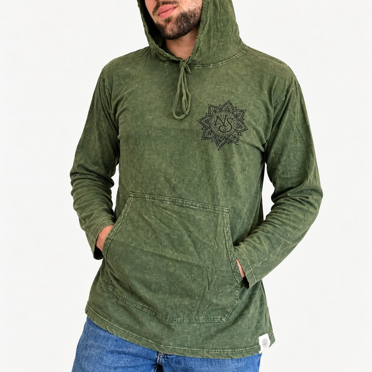 Med Stone Washed Hoody Shirt Kangaroo Pocket -Vintage Teal