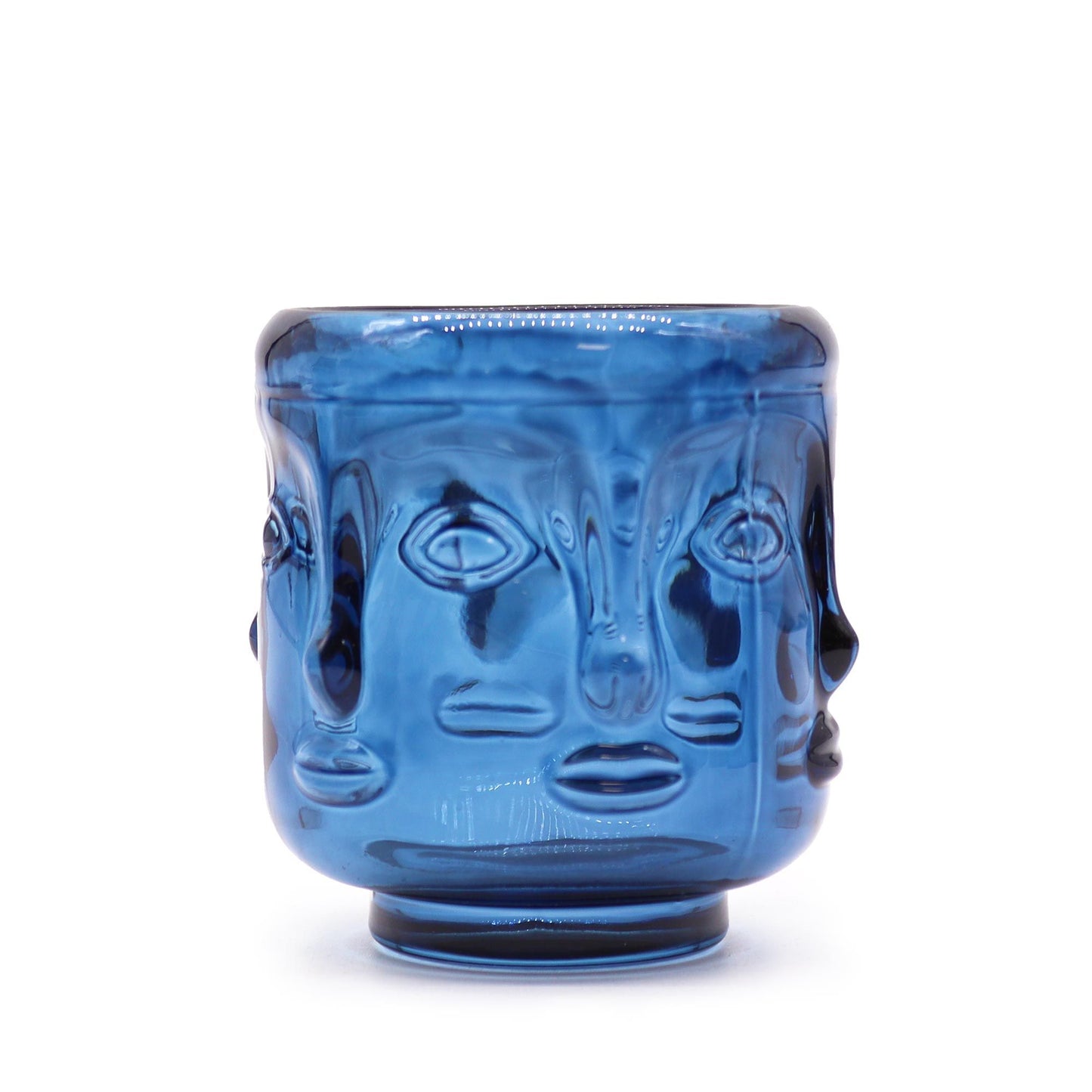 Royal blue pressed glass Buddha Faces candle jar for tealights