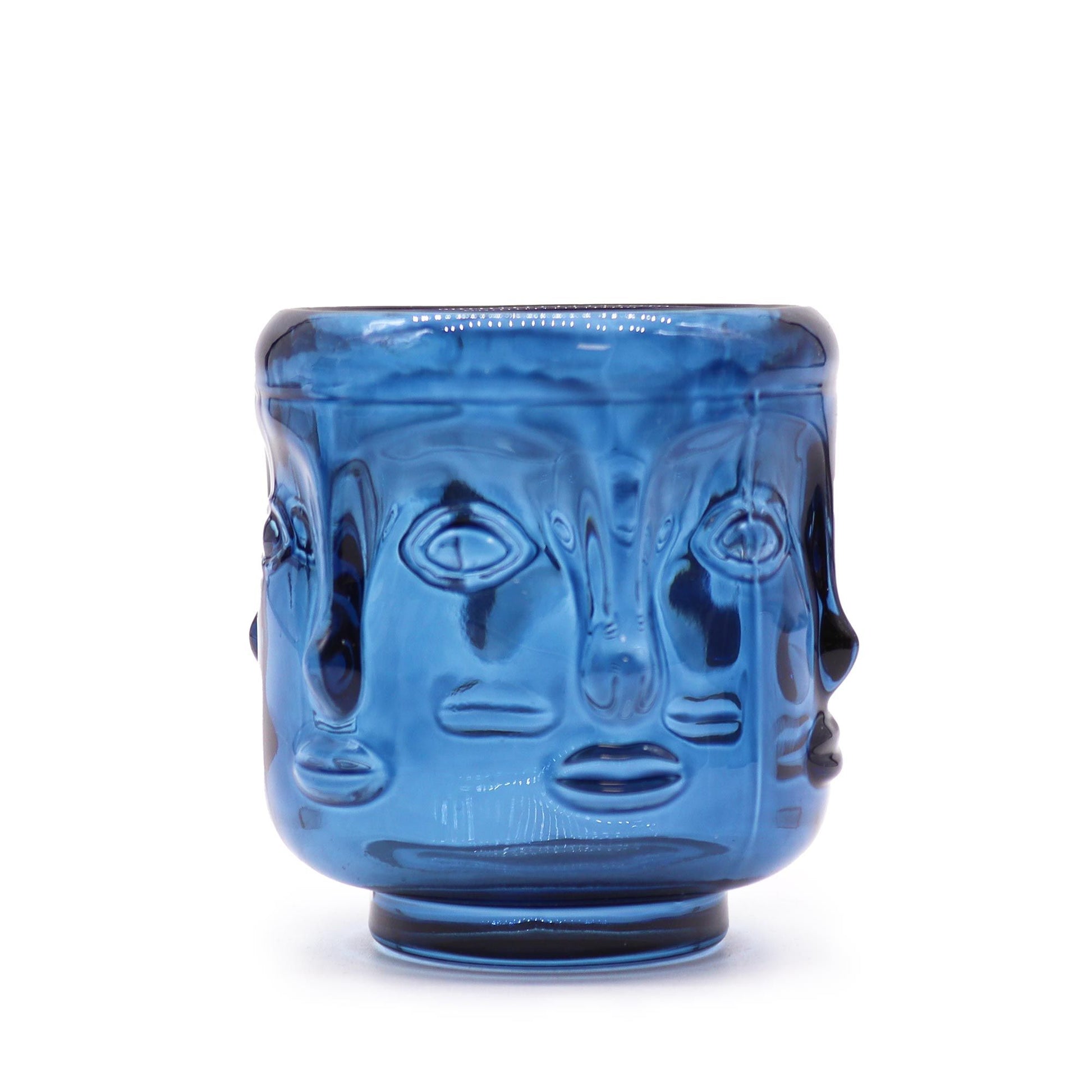 Royal blue pressed glass Buddha Faces candle jar for tealights