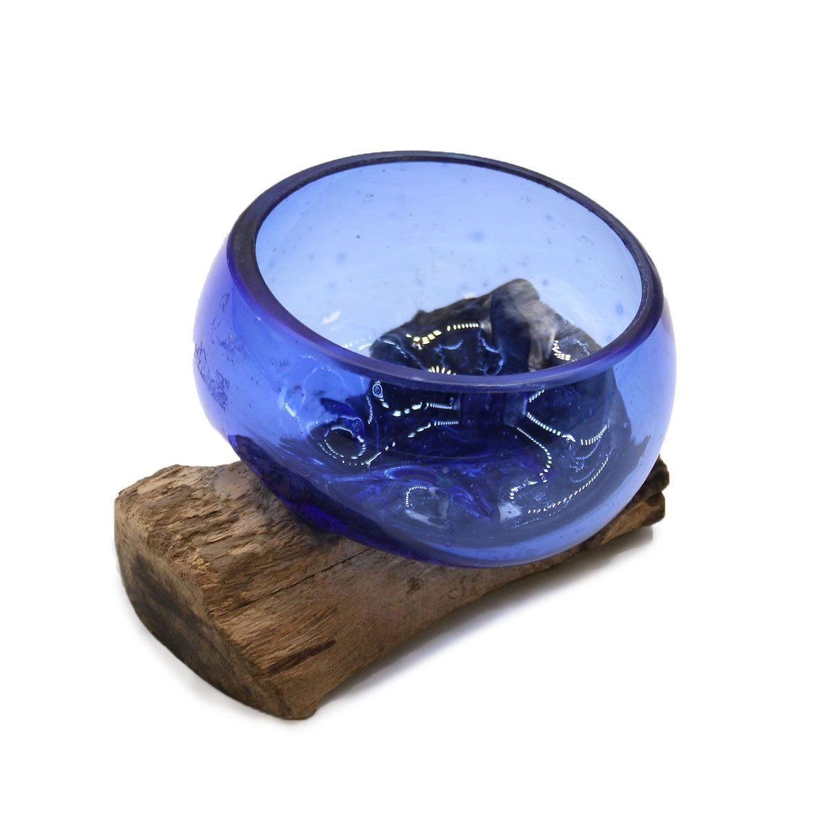 Mini blue molten glass bowl on natural gamal wood for air plants and decorative displays UK