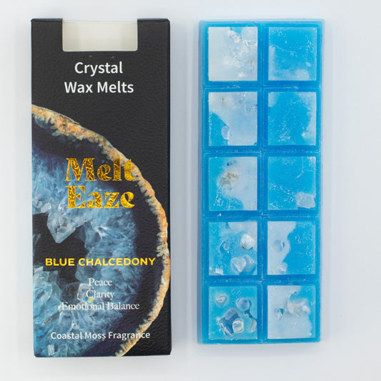 MeltEaze Aquamarine Wave wax melts 50g snap bar with blue chalcedony chips coastal moss scent