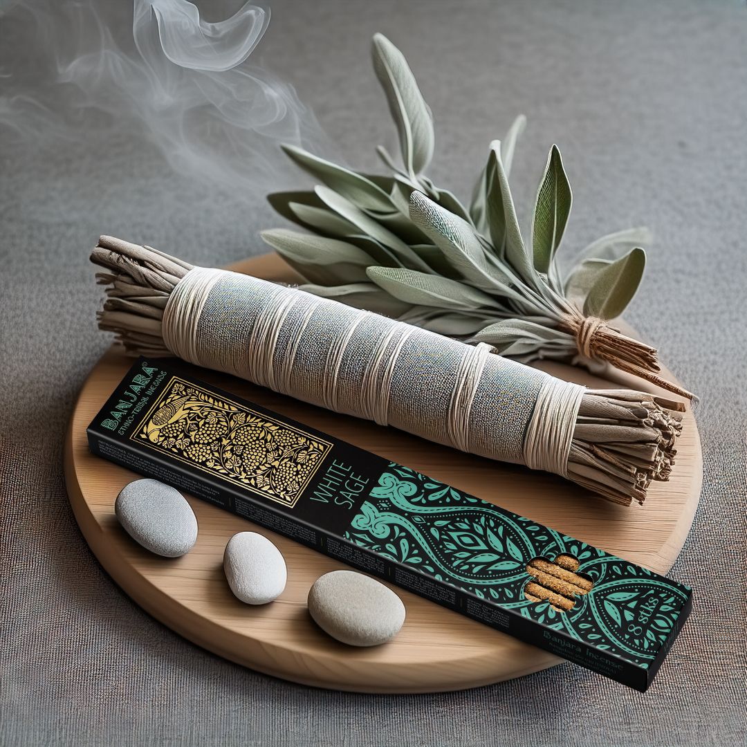 Banjara Extra Long Smudge Incense Sticks - White Sage premium natural incense for smoke cleansing, space purification, ritual ambience, meditation and energetic refresh
