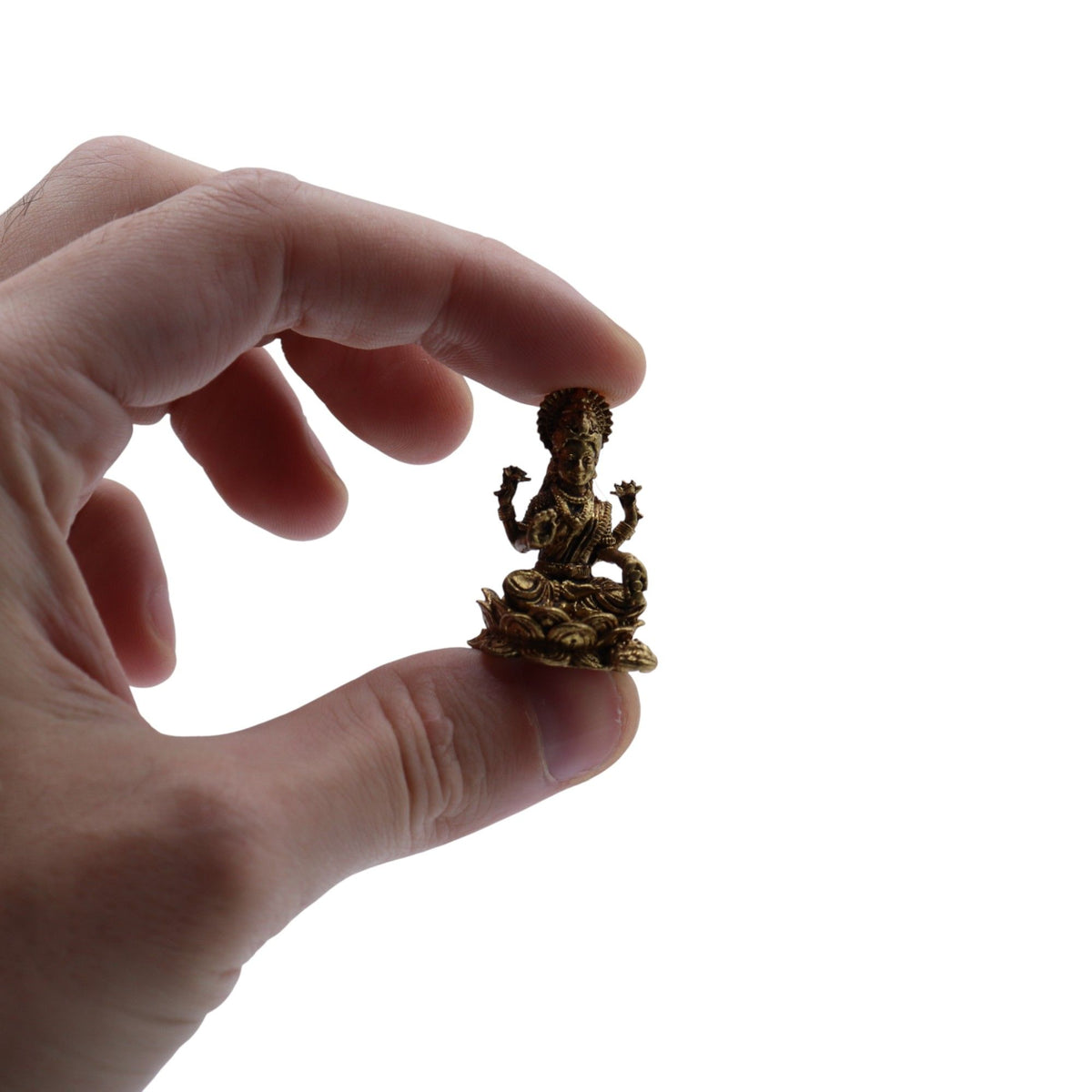 Miniature brass Lakshmi goddess figurine seated on lotus base 30mm spiritual ornament UK