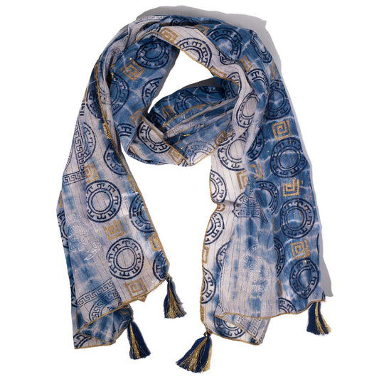 Nomad Sari Summer Marbella Print Scarf - Blue with Gold