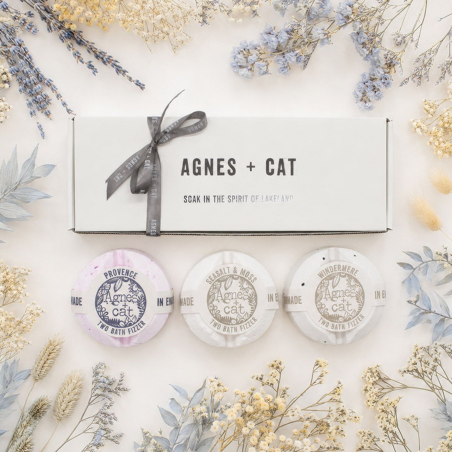 Agnes + Cat Signature Fragrance Bath Fizzer Gift Set with three handmade UK bath fizzers in Provence, Sea Salt & Moss and Windermere.