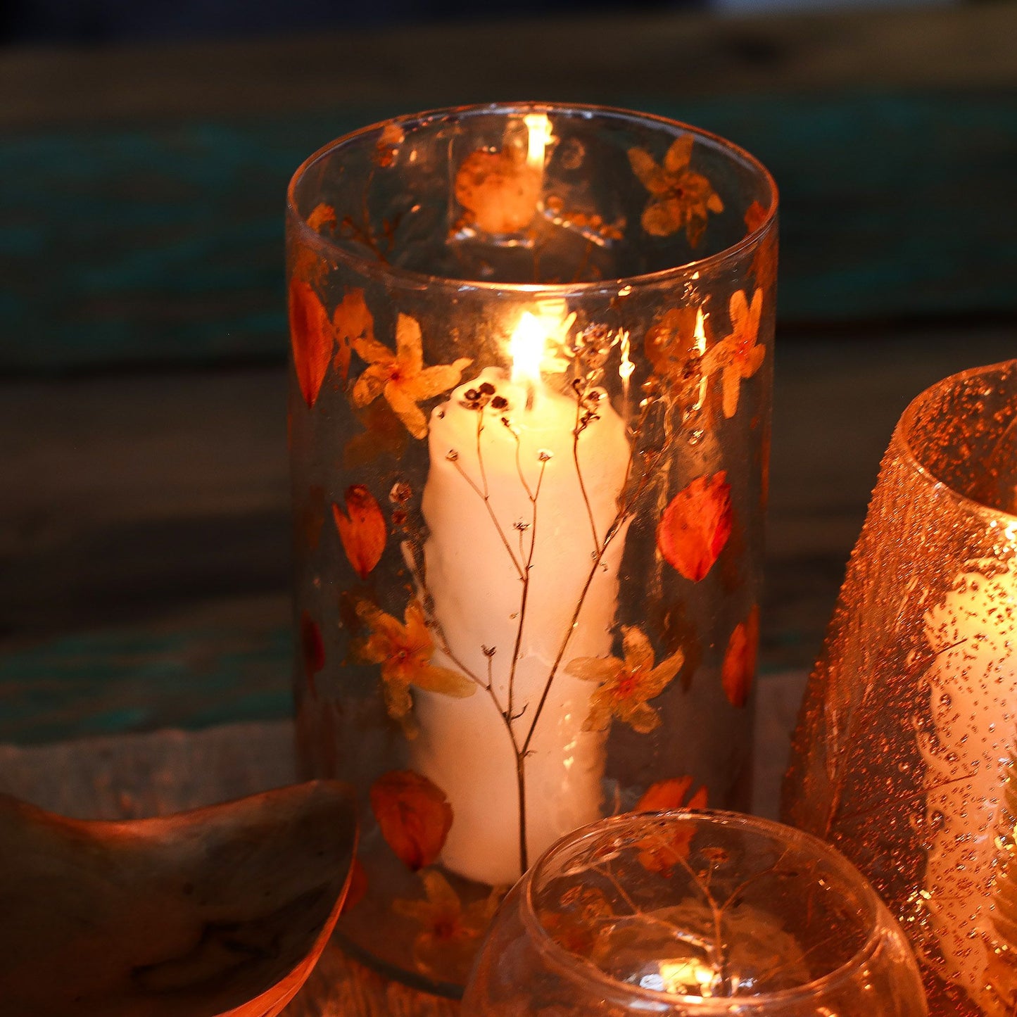 Rose tall recycled glass vase candle holder with genuine pressed flowers