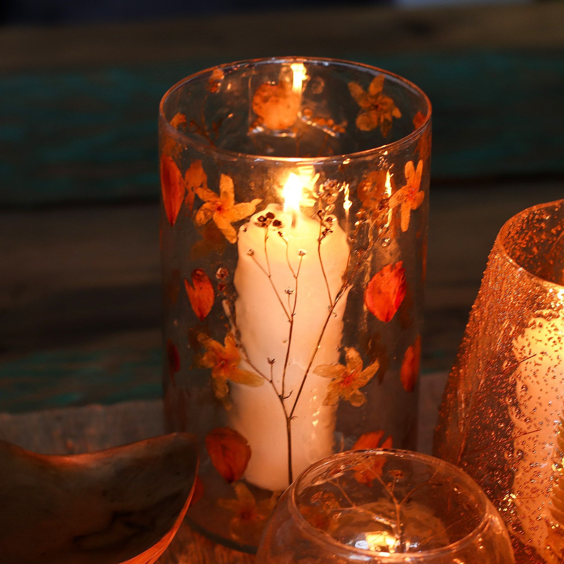 Rose tall recycled glass vase candle holder with genuine pressed flowers