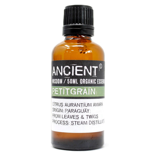 Organic Petitgrain Essential Oil 50ml with fresh green citrus aroma for aromatherapy and home fragrance.