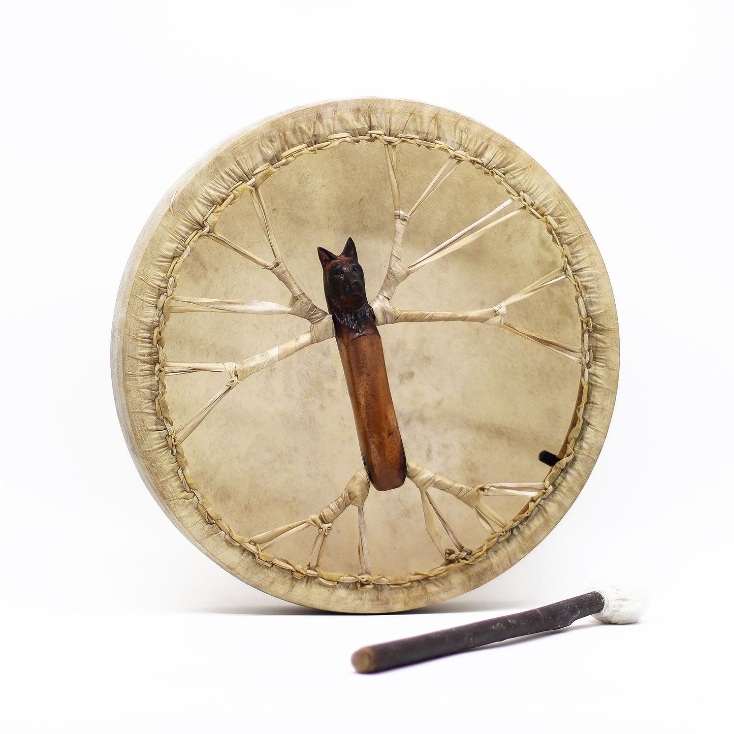 Spirit of the Wolf Shaman Drum & Stick 40 cm, acacia wood shaman drum with carved wolf-head handle and goatskin head for ritual drumming and sound healing.