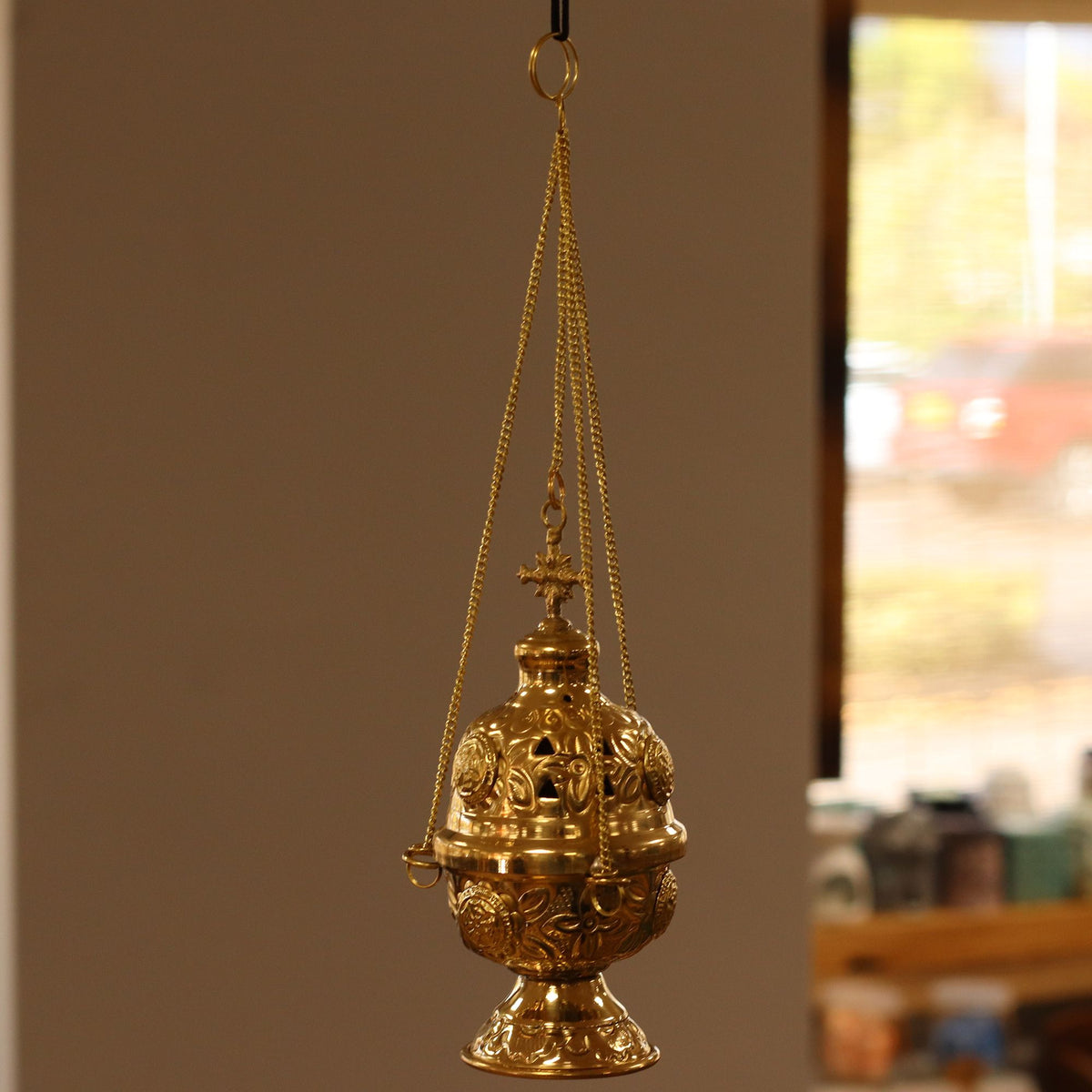 Traditional hanging brass incense burner with threaded chain made in India