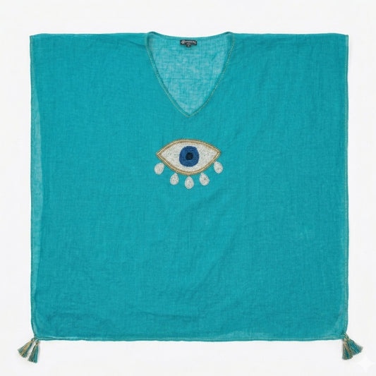 Nomad Sari On the Med Collection - Kaftan - Turquoise with Gold & White Large Evil Eye
