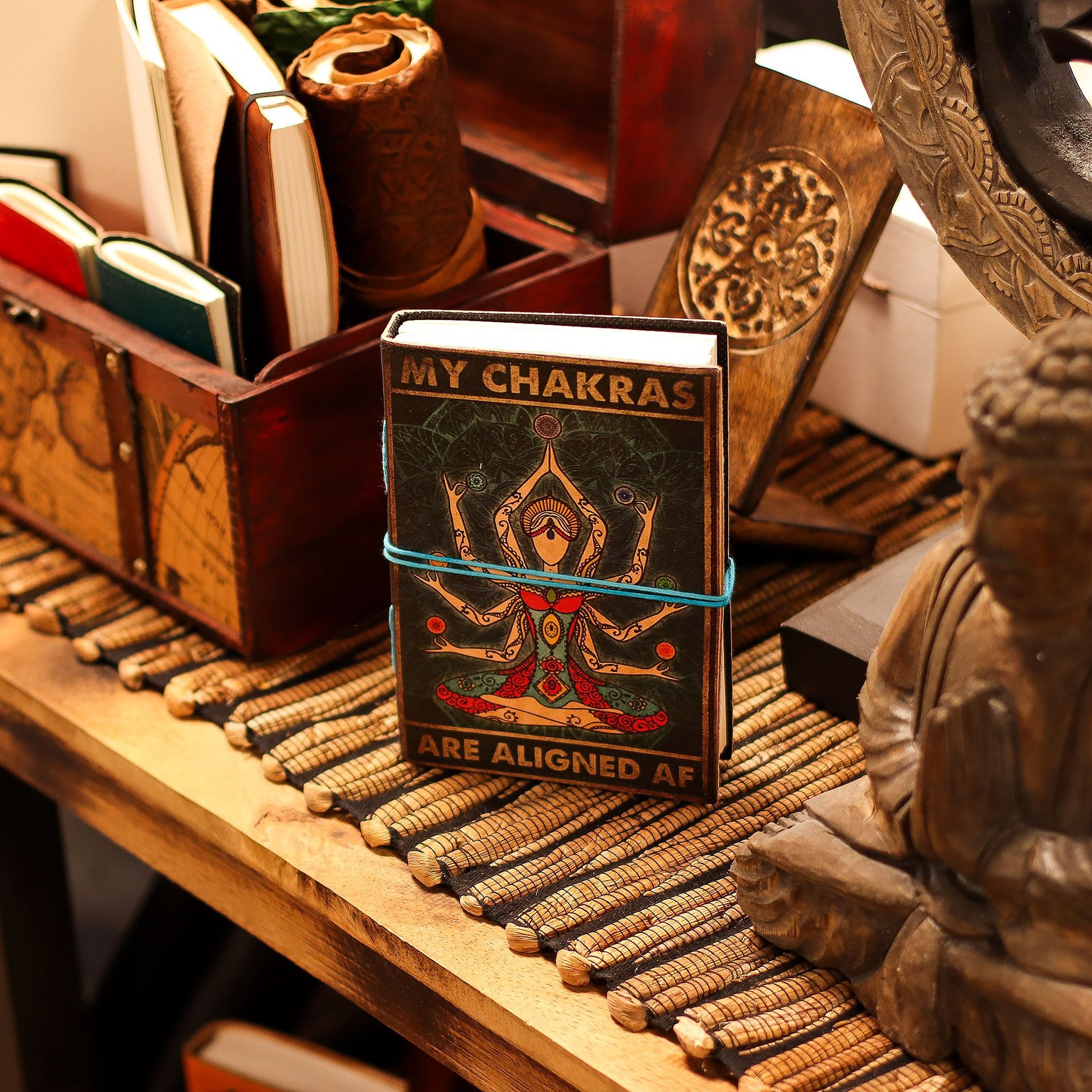My Chakras Are Aligned AF Leather Journal – chakra design journal with bold quote and wrap closure