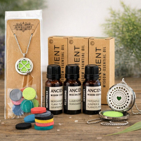 Diamonds Heart aromatherapy diffuser necklace with Happiness Relaxing and Sensual essential oil blends UK