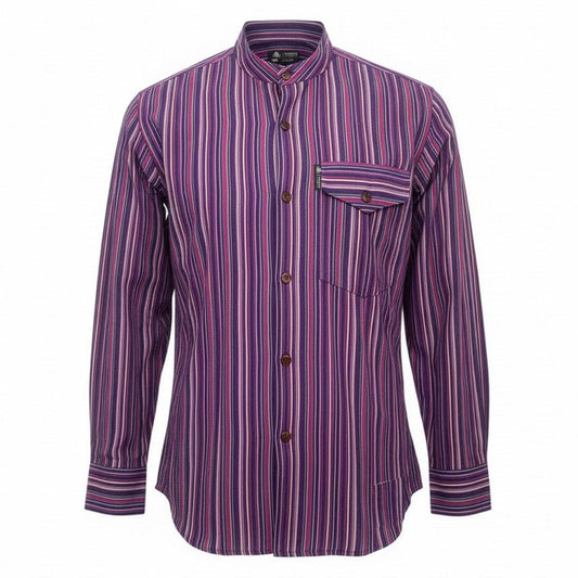 XL Nomad Sari Grandad Shirt in black and purple patterned cotton with long sleeves and a collarless grandad neckline