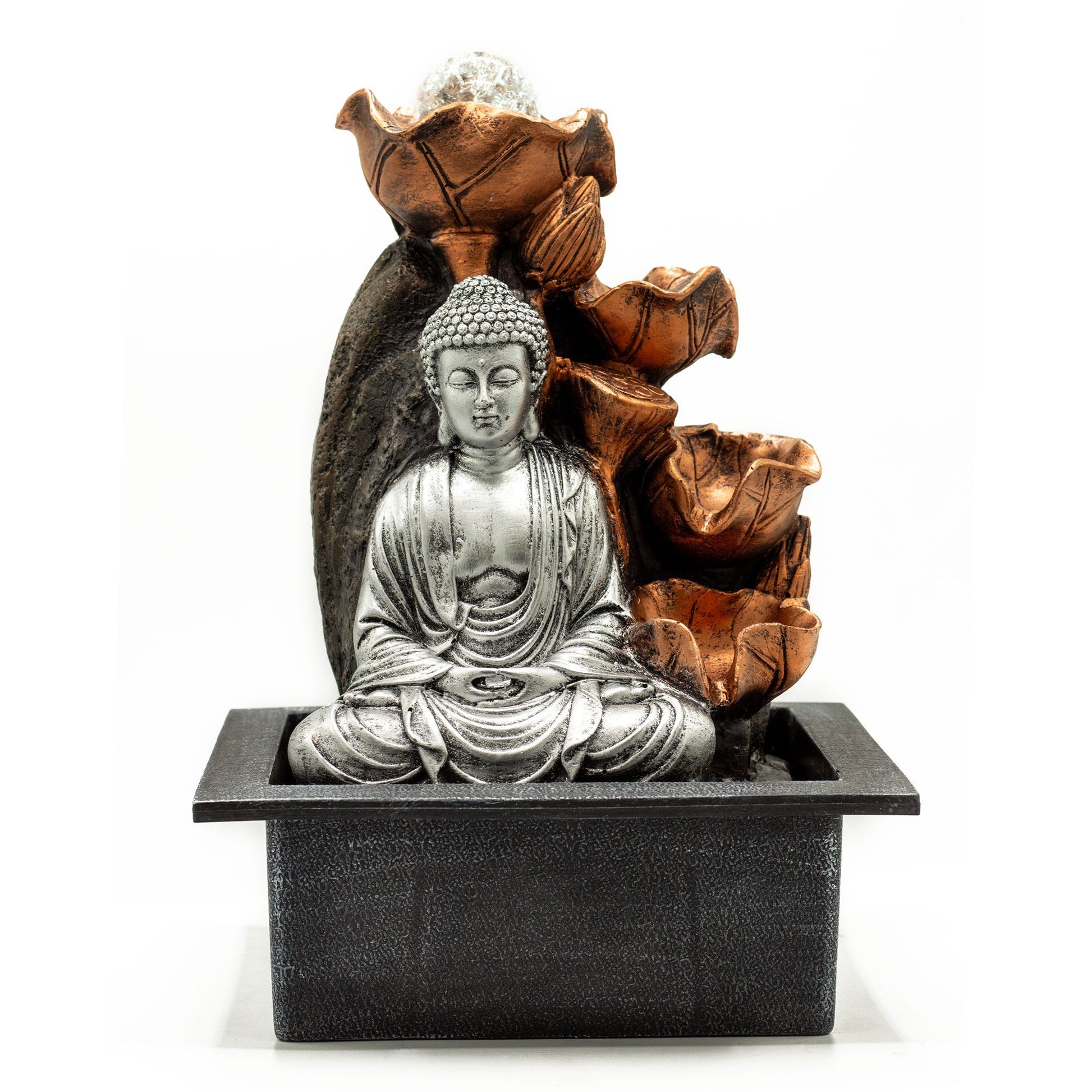 Silver Buddha cascade tabletop water feature with crystal ball and flowing water