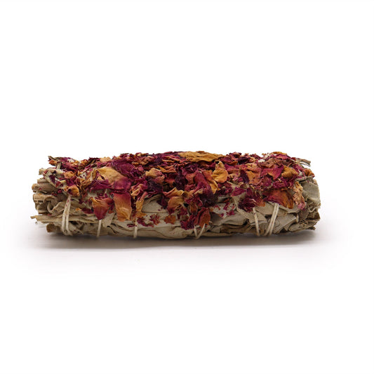 Smudge Stick – White Sage & Castile Rose 10cm floral herbal bundle for smoke cleansing, gentle ritual ambience, heart-centred intention and spiritual practice