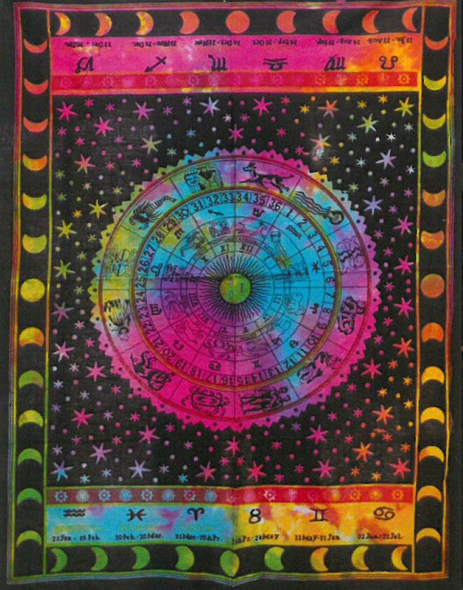 Colourful Zodiac cotton wall art with zodiac wheel moon phases and celestial design