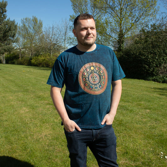 XL Nomad Sari Stonewashed Cotton T-Shirt in blue with Stay Wild Moon Child celestial and moon-phase design on soft double stonewashed cotton.