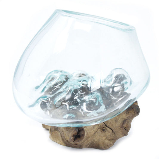 Small molten glass bowl shaped over natural gamal wood base for air plants and crystal displays UK