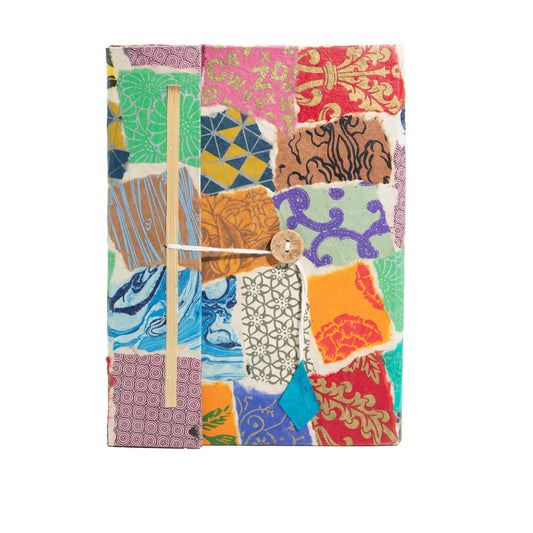 Patchwork Lokta Journal large handmade paper with colourful mosaic cover and bookmark