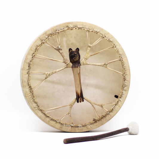 Spirit of the Bear Shaman Drum & Stick 40 cm, acacia wood frame drum with carved bear-head handle and goatskin head, for rituals and sound healing.