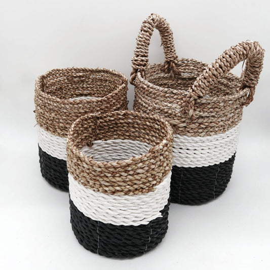 Seagrass basket set dark grey & natural – woven eco-friendly storage baskets for boho home organisation