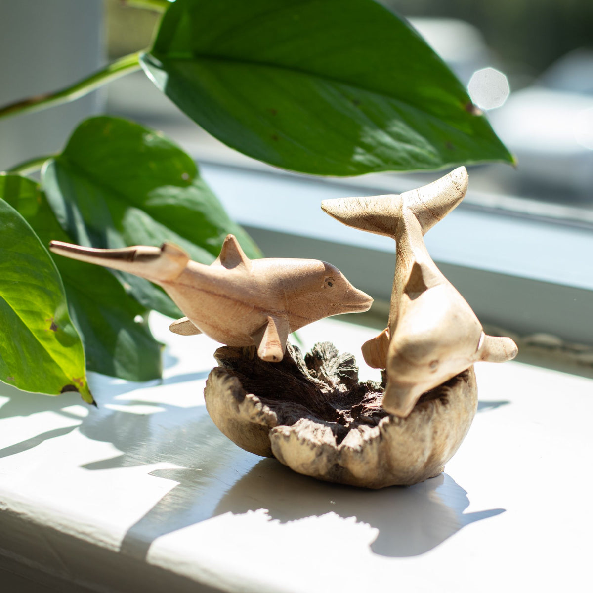 Handmade wooden dolphin carving with two dolphins on natural parasite wood base coastal décor UK
