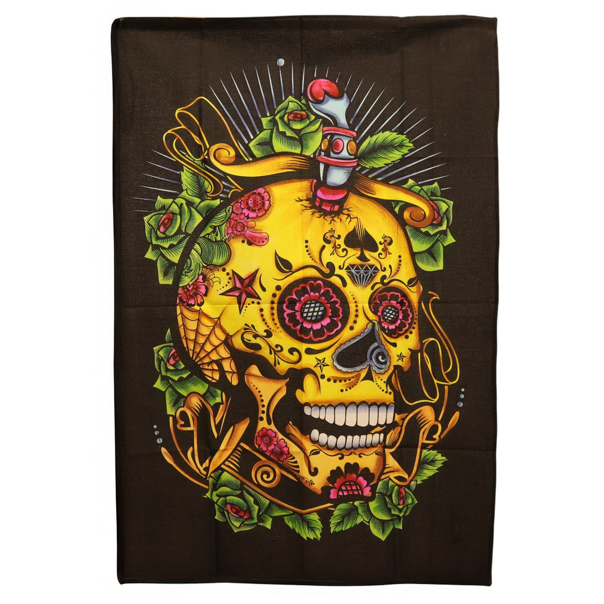Colourful Day of the Dead skull cotton wall art with floral detailing