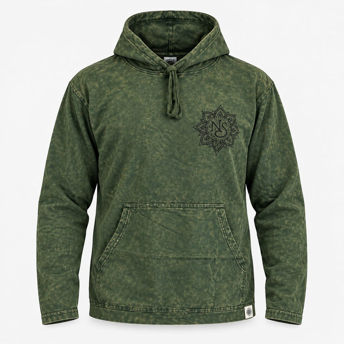 Medium vintage teal stone washed cotton hoodie shirt with kangaroo pocket and black Nomad Sari motif for casual boho wear UK