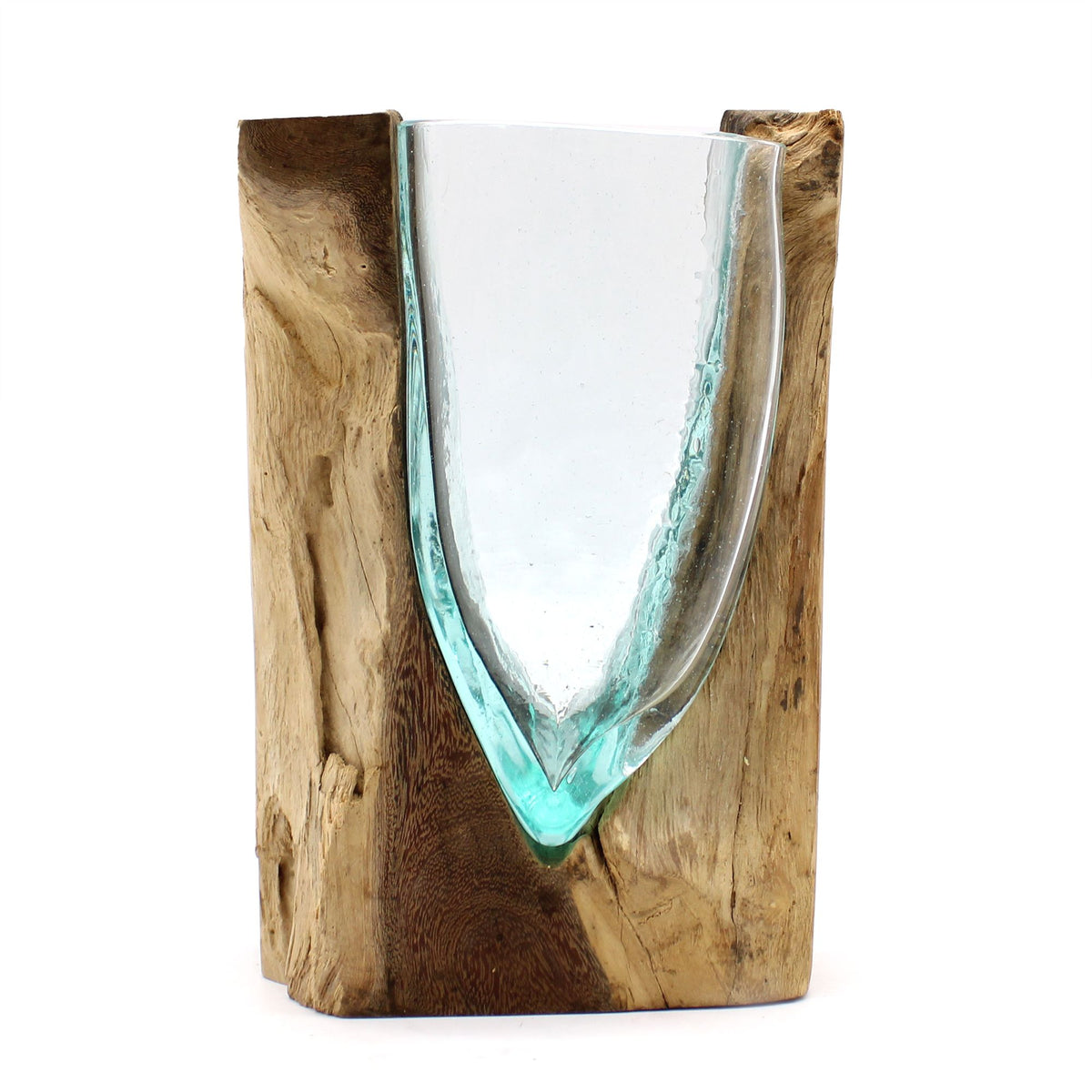 V-shaped molten glass art vase on natural gamal wood for plants and zen garden displays UK