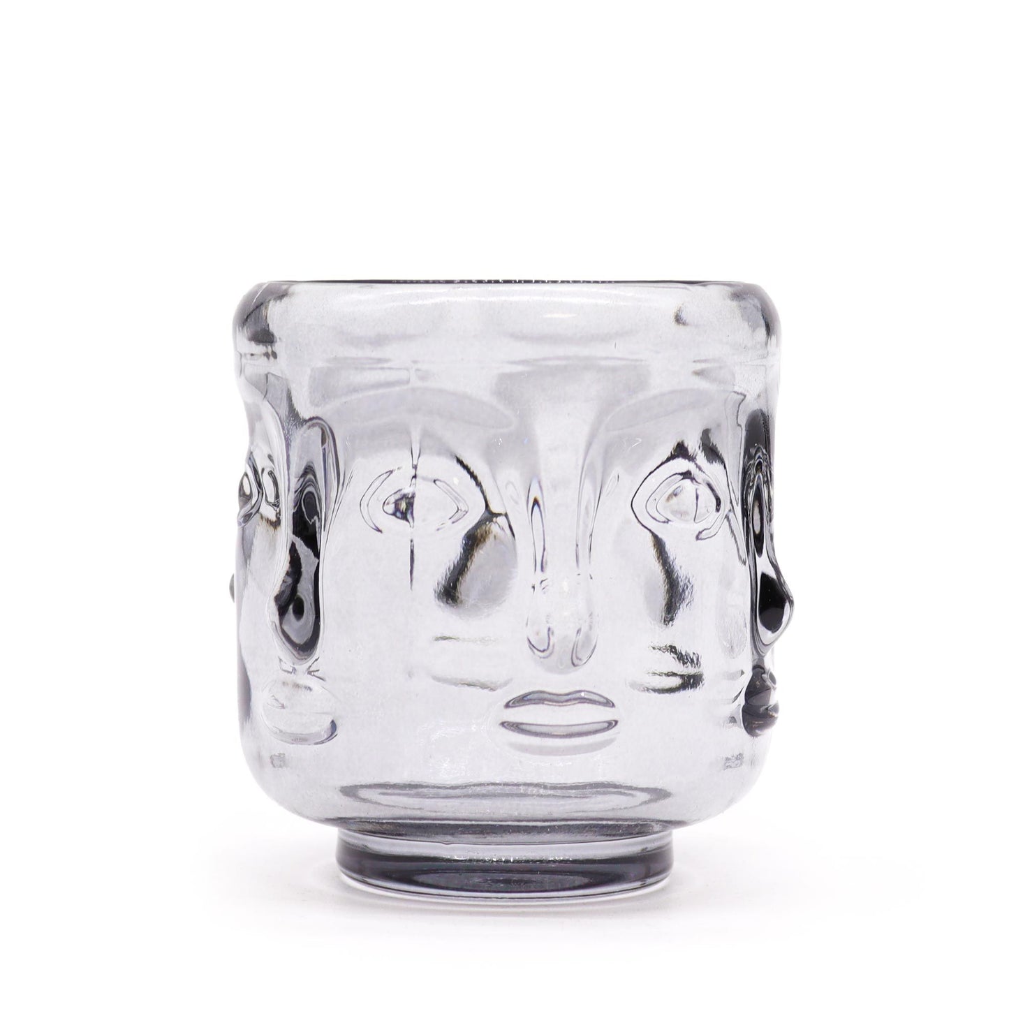 Midnight grey pressed glass Buddha Faces candle jar