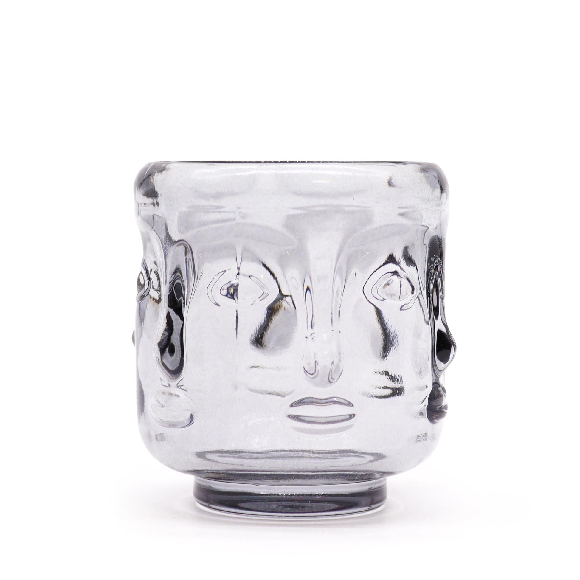 Midnight grey pressed glass Buddha Faces candle jar