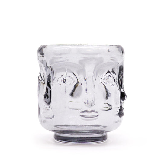 Midnight grey pressed glass Buddha Faces candle jar