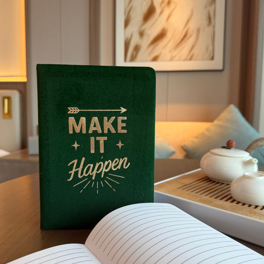 Make It Happen Velvet Journal dark green cover with motivational text – soft velvet journal for planning and writing