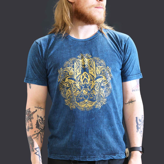 Large stone washed blue Hamsa spiritual t-shirt