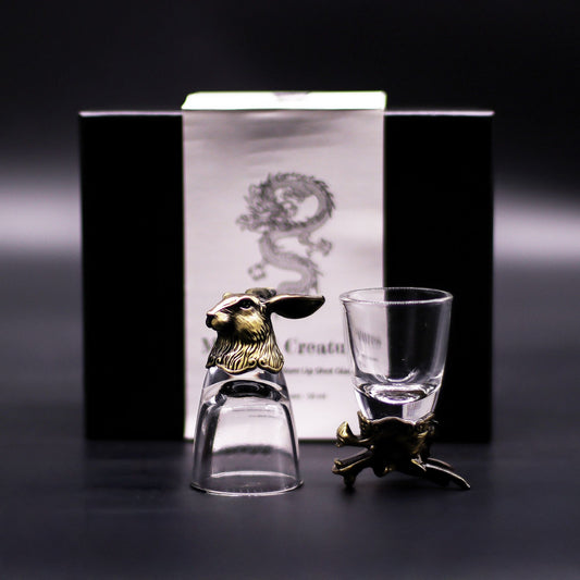 set of 6 mystical creature shot glasses 50ml with antique bronze sculpted bases