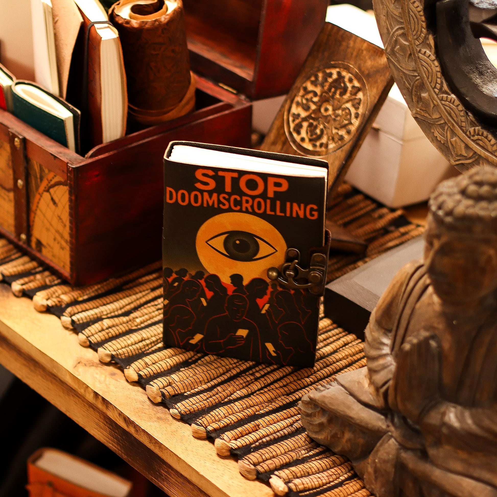 Stop Doomscrolling Leather Journal – bold printed leather journal with clasp and 200 pages
