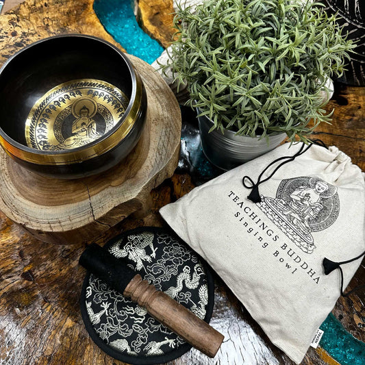 Hand beaten engraved  singing bowl gift set with Teachings Buddha symbols 14 cm, copper-tin bell-metal alloy with cushion and mallet.
