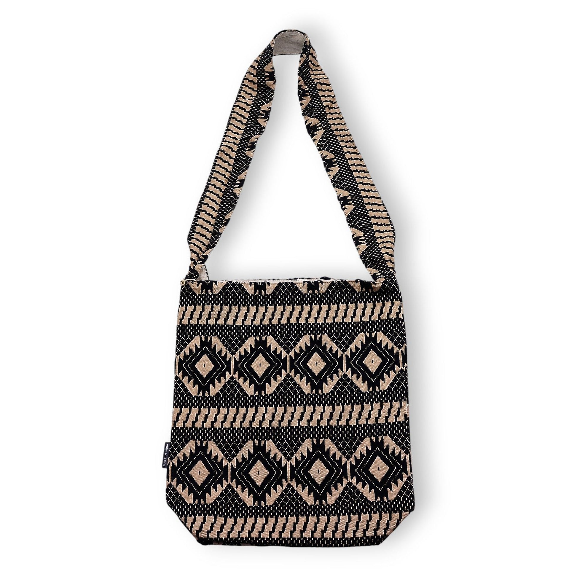 Desert Loom Nomad Carryall shoulder bag in natural cotton-viscose jacquard with warm woven geometric pattern