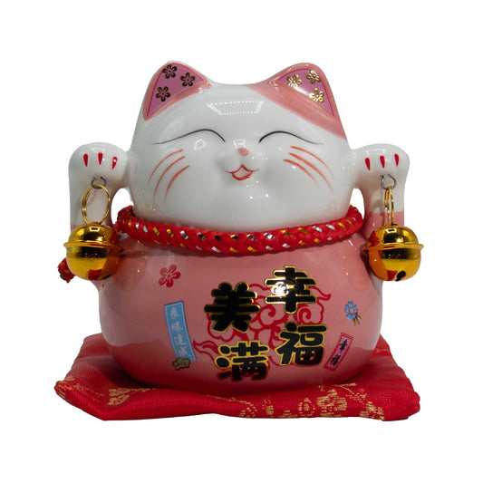 Ceramic money cat bank pink on cushion Maneki Neko for love and gentle prosperity
