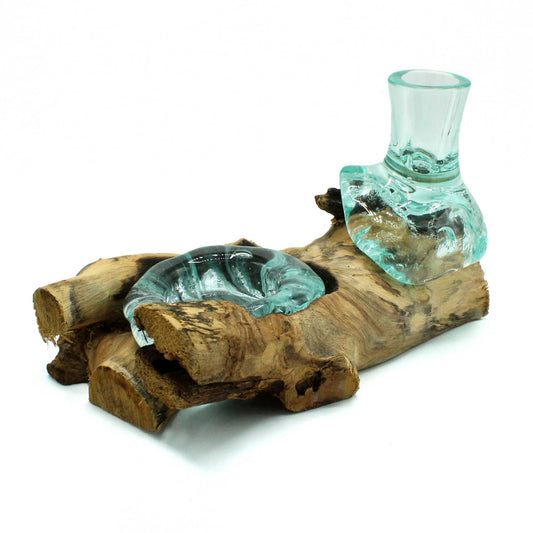 Molten glass flower vase and tealight holder on natural gamal wood base for flowers and candlelight UK