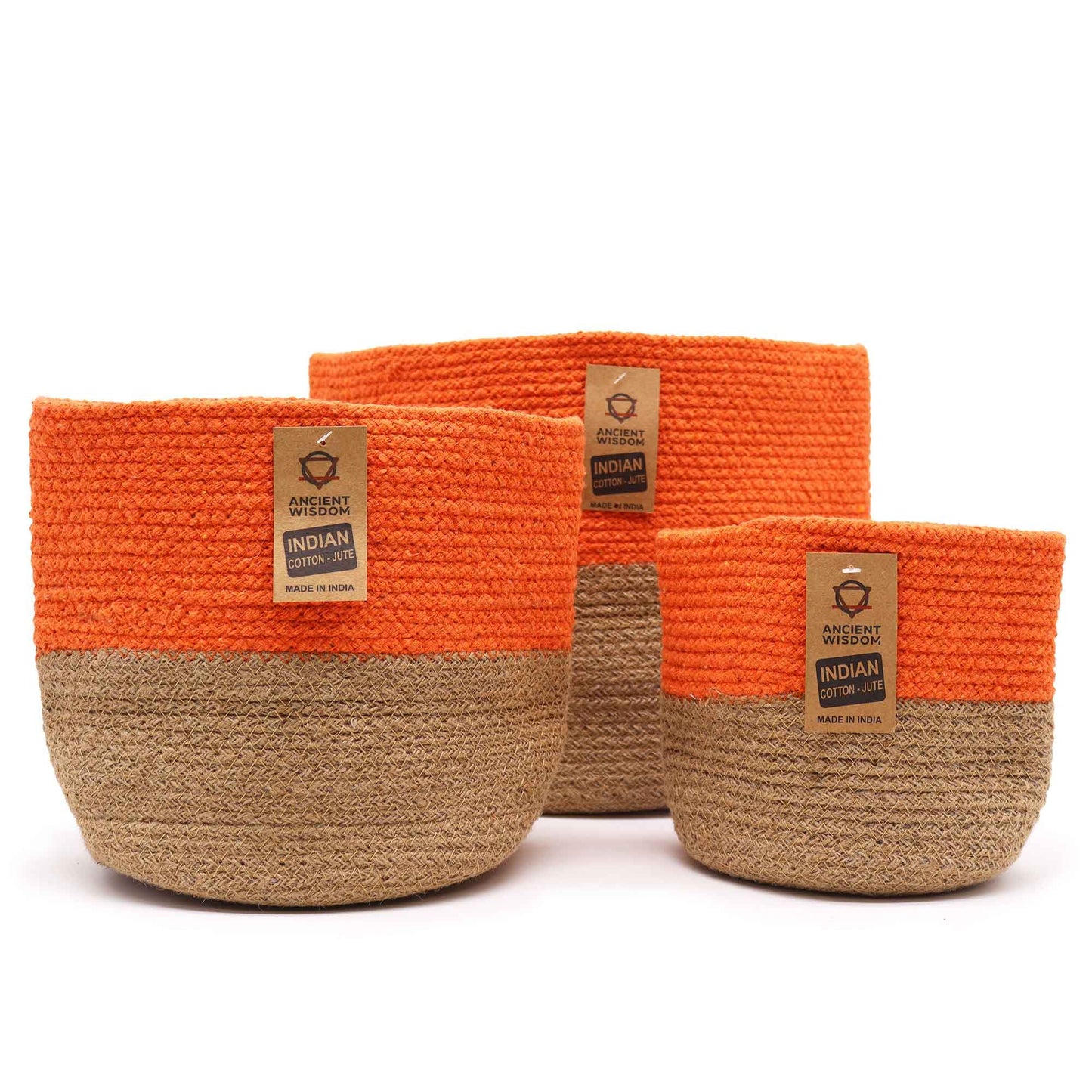 Set of 3 orange cotton rope storage baskets – woven boho home organiser for everyday storage